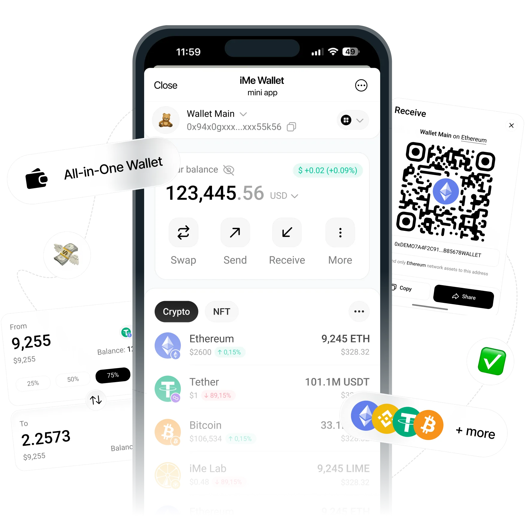 Телефондағы iMe Wallet мини-қолданбасы: баланс, токендер, айырбастау және қабылдау